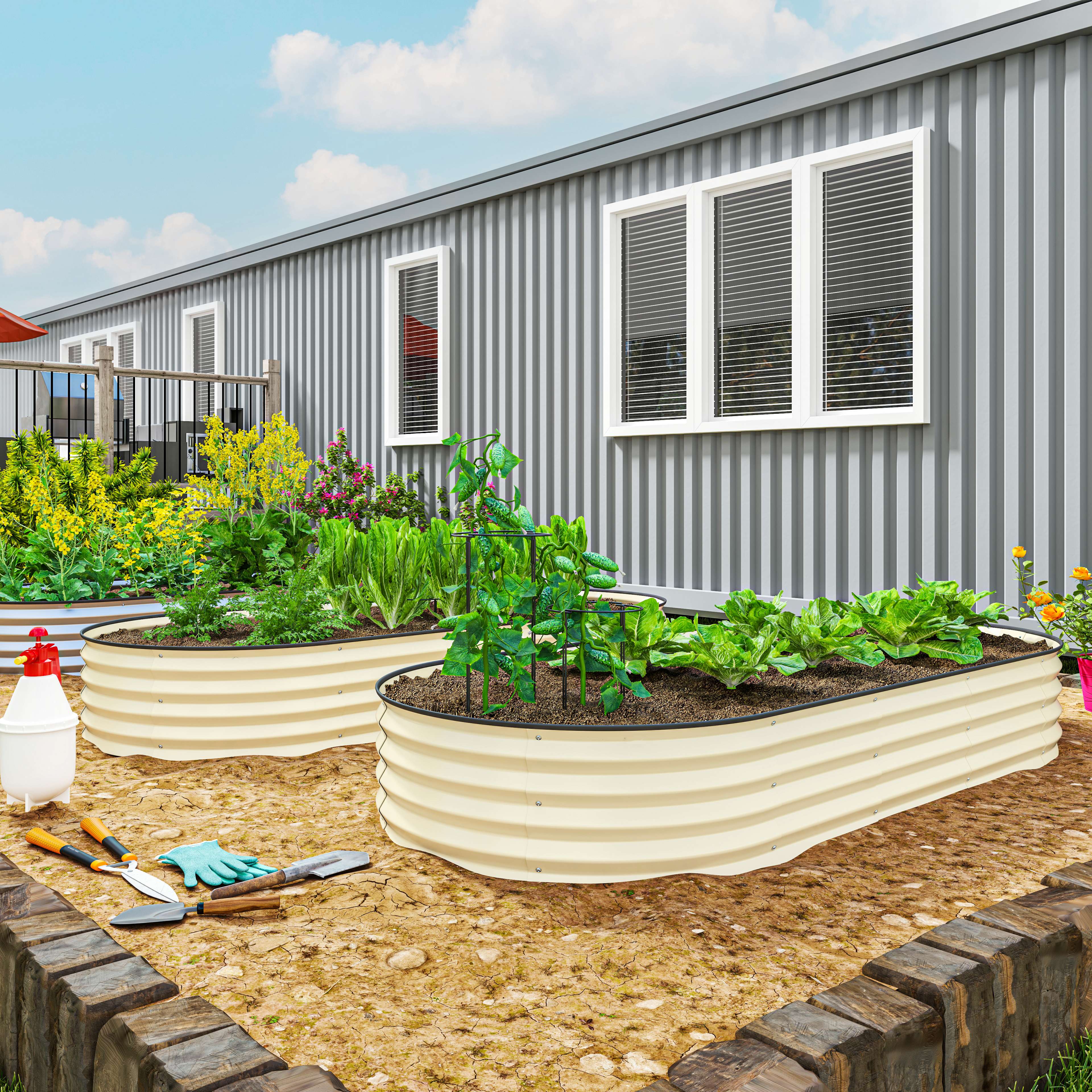 Raised Garden Bed Set (2 Pack) – Cream Metal Planter for Organic Gardening