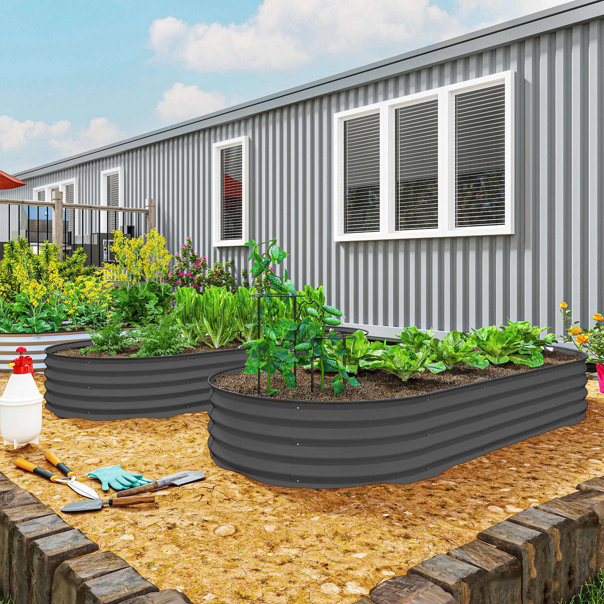 Raised Garden Bed Set (2 Pack) – Dark Gray Metal Planters for Organic Gardening